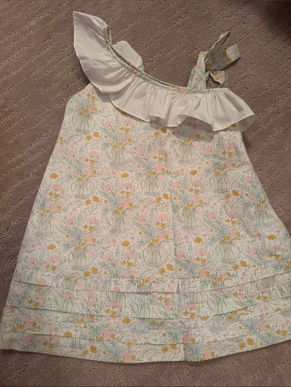 Girls' White One-Shoulder Floral Ruffle Sundress